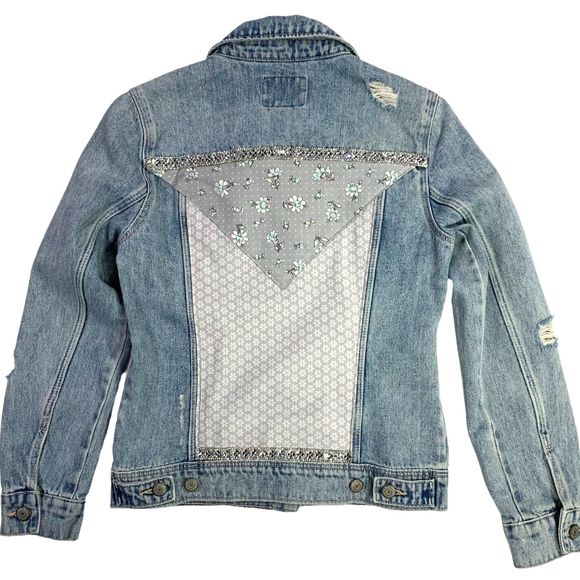 Boho Luxe Elegant Denim Jacket Statement Festival Bling Y2K Glam Gray - Picture 3 of 16